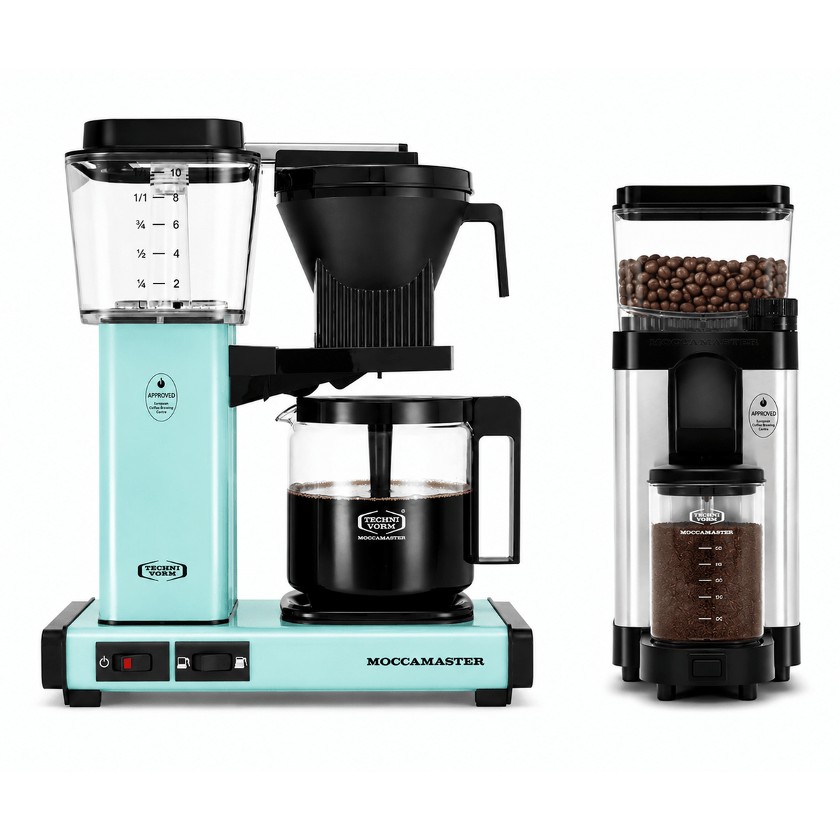 Moccamaster KBGV Select Brewer Turquoise and KM5 Grinder
