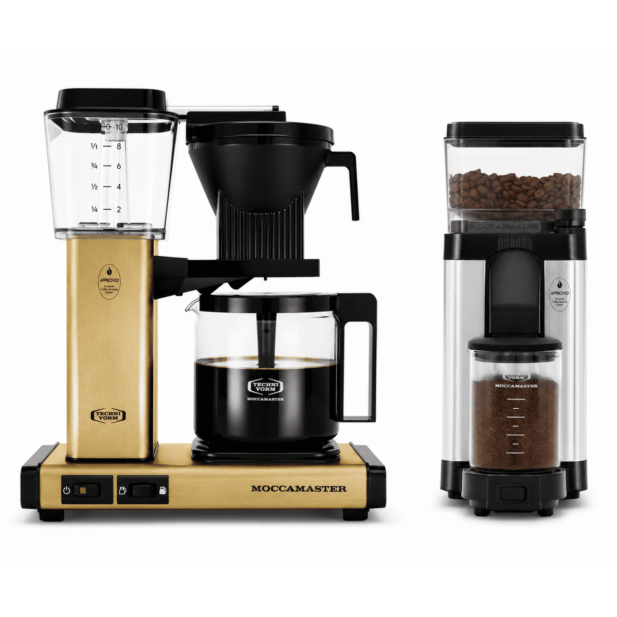 Moccamaster KBGV Select Brushed Gold Coffee Maker and KM5 Grinder